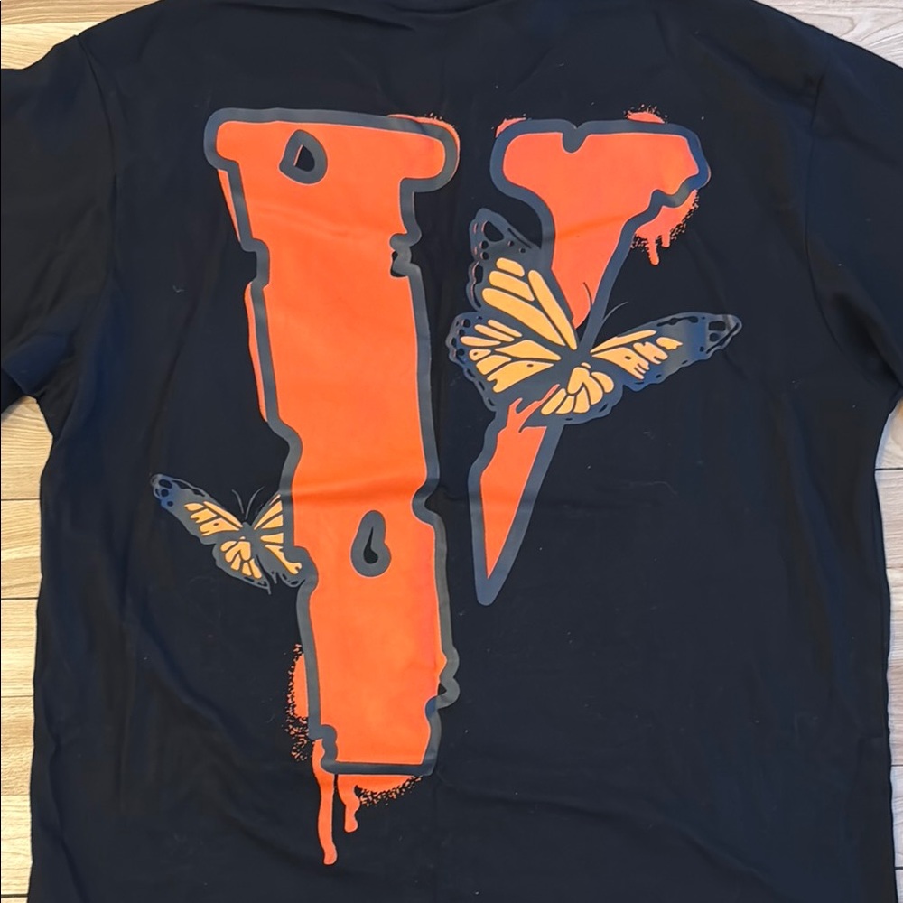 VLONE Black and Orange LEGENDS NEVER DIE butterfly Logo V Tee